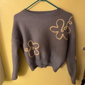Grey Blue Embroidered Sweater Floral design